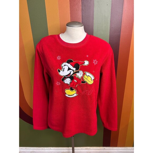 Vintage Disney Mickey Mouse skating winter red fleece sweater - size M - Picture 1 of 7